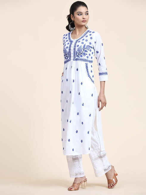 NOOR Chikankari Kurta With Pocket - White With Blue